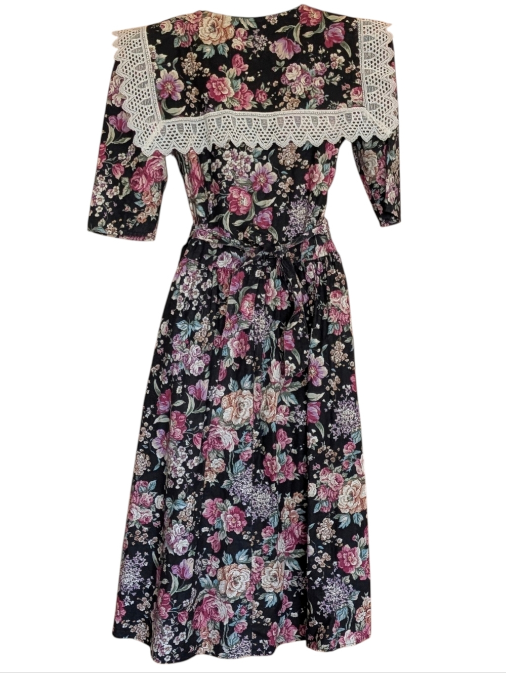 Vintage Robin Gayle Black Floral Midi Dress with Lace Trim Size 5 Cottagecore 80 - Picture 3 of 7